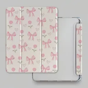 Pink bow pattern, with adjustable bracket and pen slot, foldable non-slip TPU protective case, suitable for iPad mini, iPad Air, iPad Pro/iPad 10th generation, 11th generation and other series of iPad protective cases