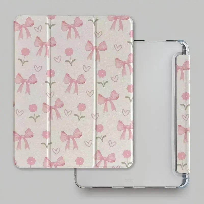 Pink bow pattern, with adjustable bracket and pen slot, foldable non-slip TPU protective case, suitable for iPad mini, iPad Air, iPad Pro/iPad 10th generation, 11th generation and other series of iPad protective cases