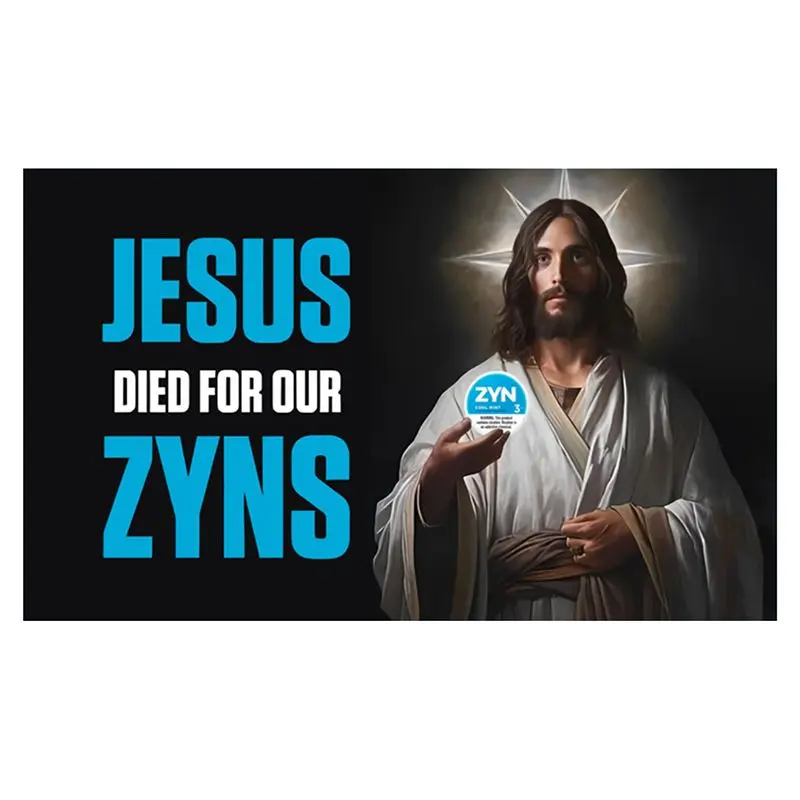 3×5 ft Whimsical Bold Print Jesus Died for Our Sins Synthetic Banner - Durable Polyester Tapestry Wall Mural, Hangable Decoration Items with 4 Brass Grommet Holes, Lightweight Indoor Backdrop for Home Man Cave Gag Gift