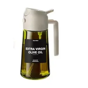 Olive Oil Dispenser, 2-in-1 Spray and Pour Cooking Oil Sprayer, Dark Green Glass Oil Bottle with Stickers, 16 oz/470 ml Cooking Oil Container