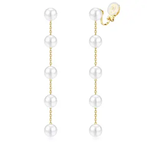【Summervibes】CASSIECA Pearl Earrings Clip on Earrings for Women 14K Gold Plated  Long Dangle Pearl Drop Ear Clips for Wedding, Bridal Gifts earrings  lovers