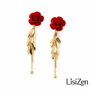 LisiZen French Retro Heart Red Rose Tassel Earrings, Cute Coquette Flocked Flower Long Drop EarringsDZEH6094