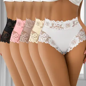 QUASTI Women's 5-Pack Mid-Waisted Lace Panties, Essential Polyester Fabric Lingerie, Smooth Silky Seamless Breathable Skin-Friendly No-Show Everyday Basic Briefs, 4-Season Wear S-XXL