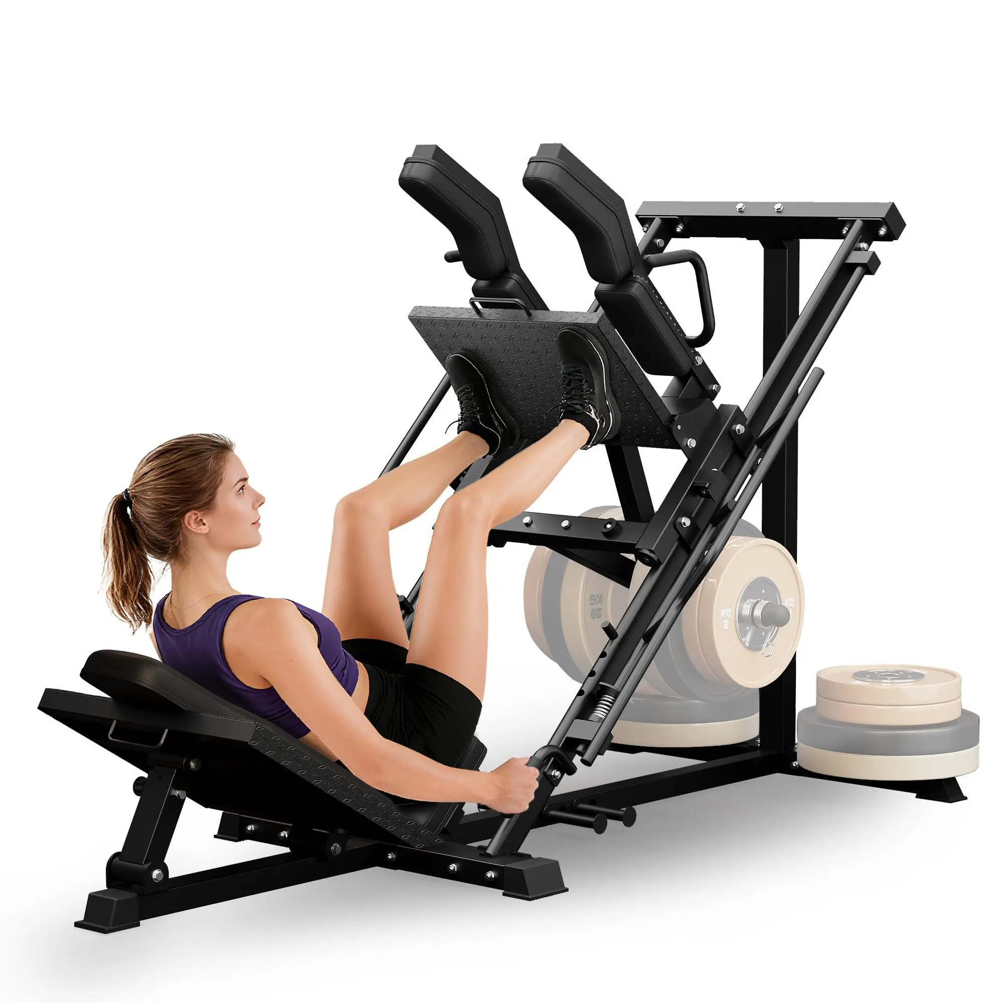 GARVEE Metal Frame Leg Press Hack Squat Machine for Home Gym, Professional Strength Machine with Adjustable Backrest, Shoulder Press & Deep Squat Capabilities, 1"-2" Plates Compatible Equipment
