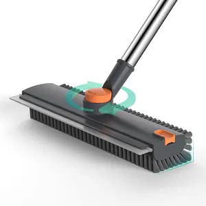 3 in 1 Adjustable Scrub Brush with Long Handle, Heavy Duty Shower Cleaner with Stiff Bristles, Built in Scraper & Squeegee, Tile Grout Cleaning Brush for Bathroom Kitchen (Gray)