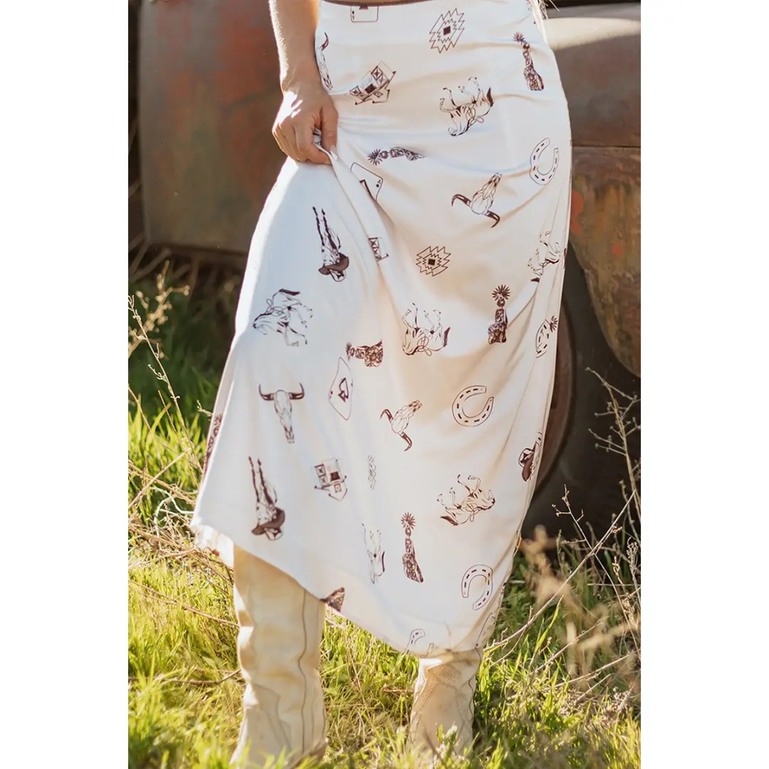 Western Skirt Cowgirl Graphic Midi Skirt – Apricot