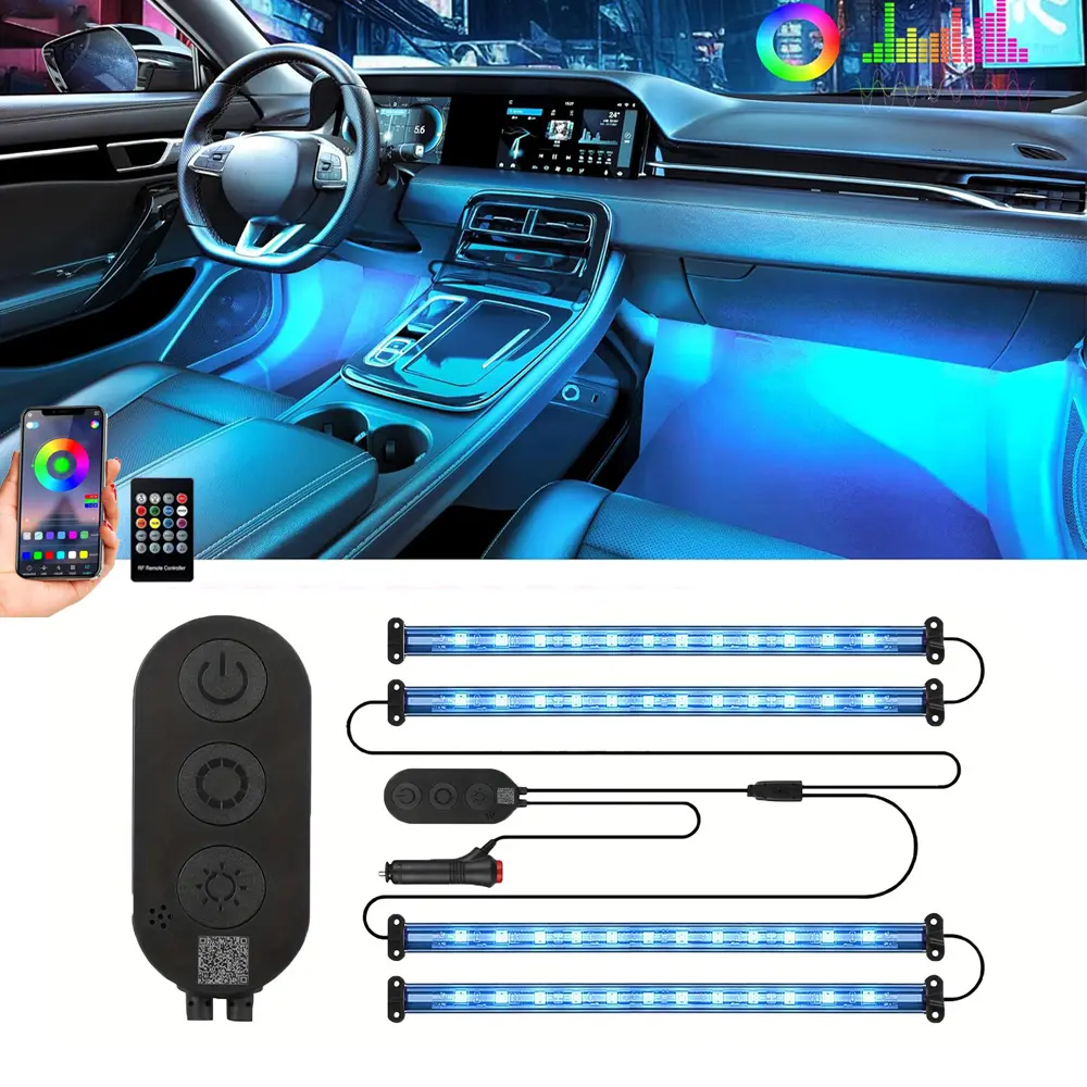 48-LED RGB Car Interior Ambient Light Kit, 12V Smart App-Controlled with DIY & Music Modes, 2-Line Automotive Decorative Lighting Assembly for Car Enthusiasts, Led Car Ambient Light