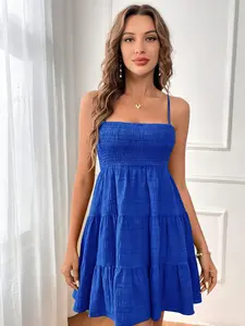 A women's solid color off-shoulder fine spaghetti strap Sleeveless Chic Elegant textured dress, suitable for summer, daily casual wear, vacations, dates, gatherings, and othe