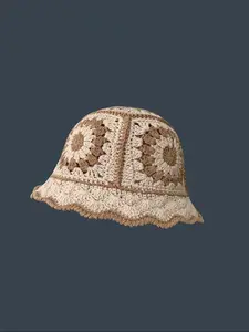 Women's Vintage Floral Pattern Knit Bucket Hat, Casual Trendy Breathable Cute Fisherman Hat for Fall & Winter, Fashion Accessories for Daily Wear, Knit Hats