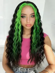 Black Green Highlight Deep Wave Lace Front Wig Long Curly 13x4 Lace Front Synthetic Wigs Natrural Hairline Loose Curly Synthetic Lace Frontal Wigs Heat Resistant Fiber Concert Look Straight Wig Coachella Festival Look Lace Frontal Wigs 28 Inch
