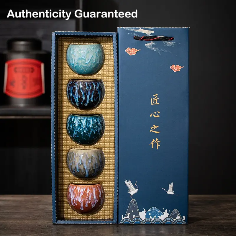 A Set of Ceramic Tea Cups, Traditional Chinese Kiln-Built Five Elements Master Cups, High-End Kung Fu Tea Set, Single Large Sample Tea Cup, Chinese and TeapotTea Cups Set, Hand-made Exquisite Traditional Kiln-Changed Ceramic Tea Cup, High-end Gift