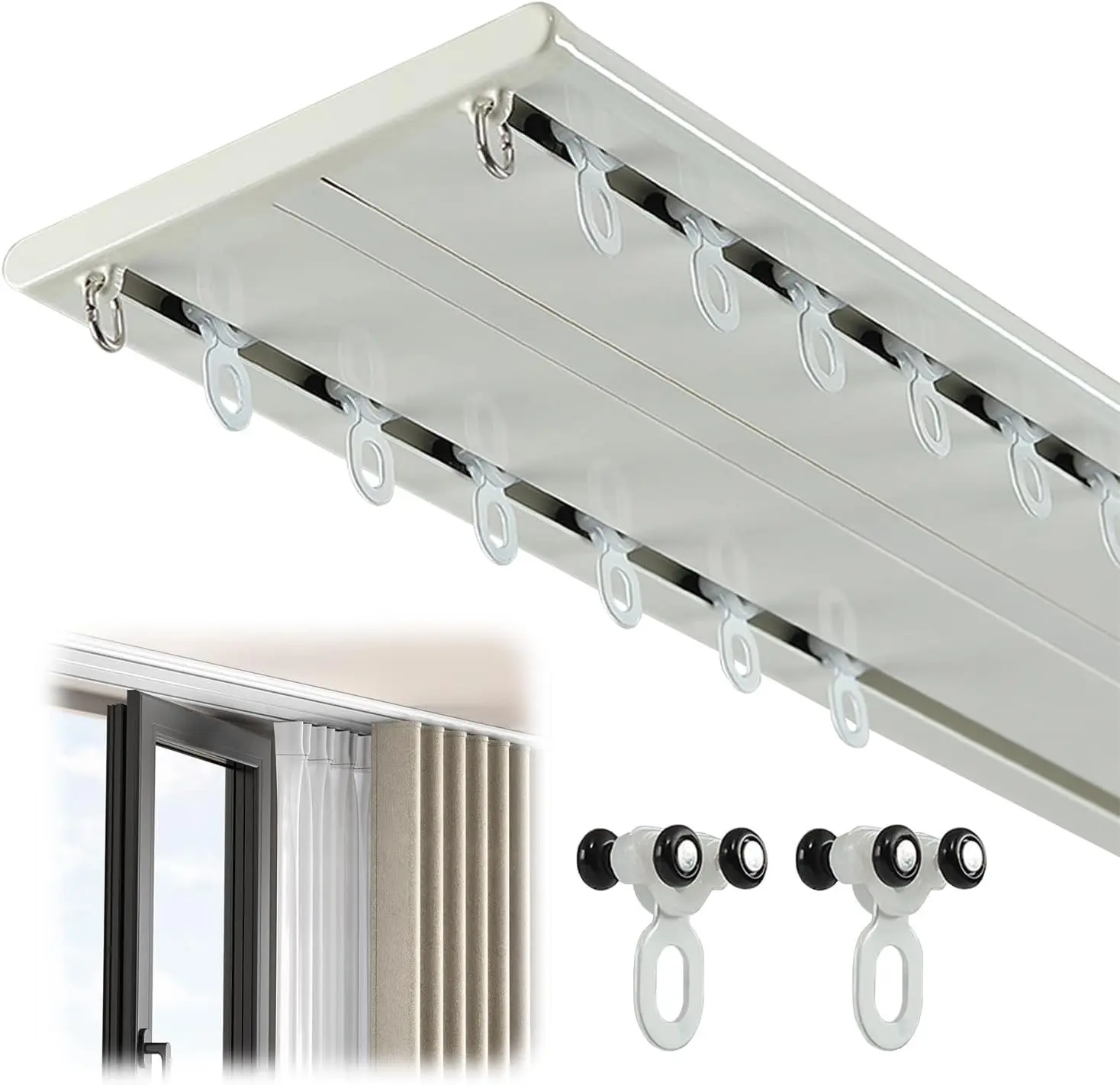 Double Row Curtain Track Silent Heavy Duty Drop Ceiling Curtain Track | Aluminum Alloy Ceiling Drape Track Set, for Living Room Bedroom Hospital Easy Install, White,1.3m(4.3ft )