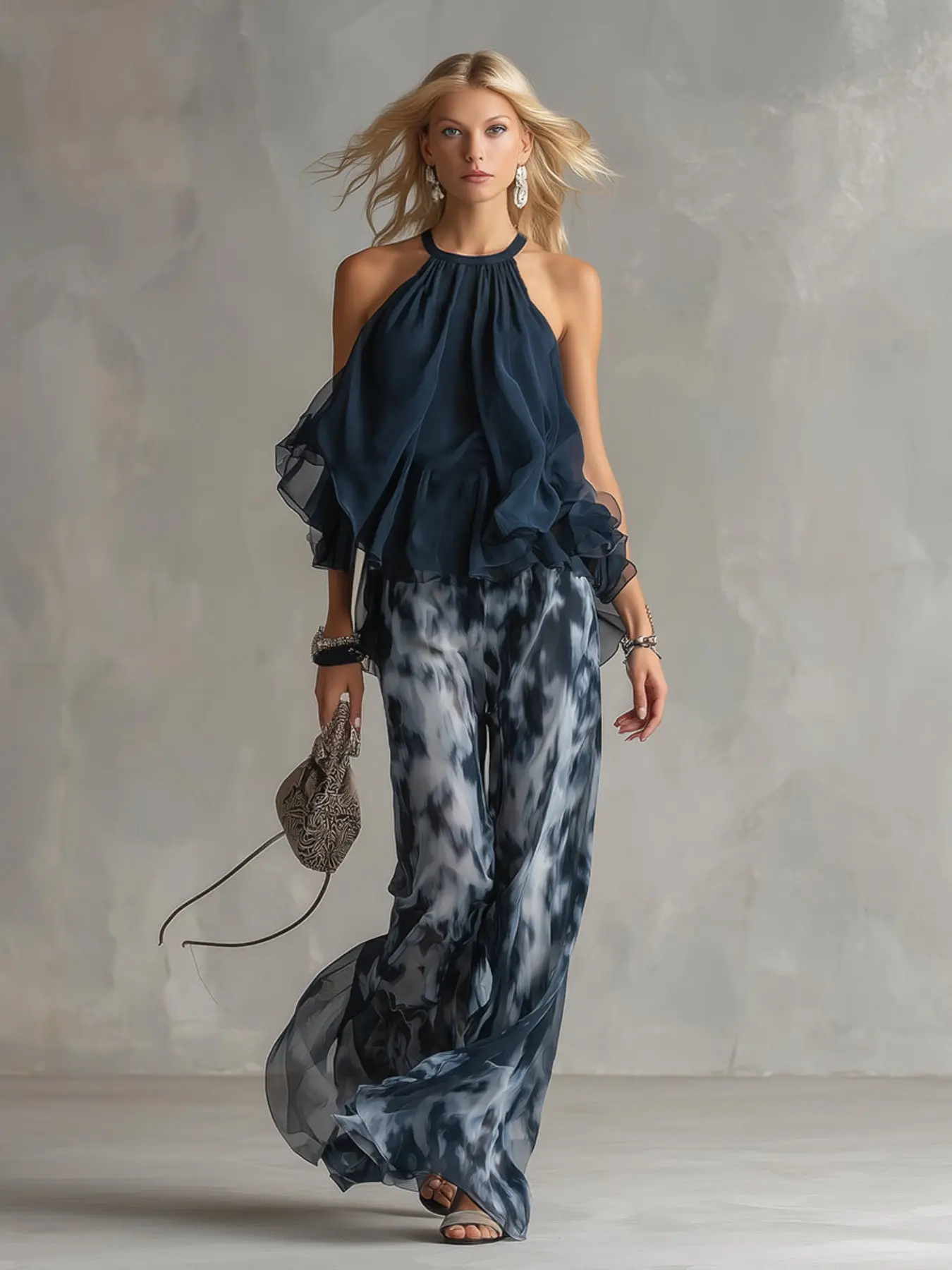 Women’s Sexy Halter Neck Chiffon Lightweight Jumpsuit, Ruffle Sleeve Wide Leg, Printed Loose Fit, Vacation, Stylish, Chic, Feminine and Comfortable, Boho, Bohemian
