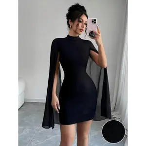 Mini slim-fit stand-up collar open-top dress, solid color, fashionable and avant-garde, perfect for casual and party wear, women’s clothing GARMENTARY