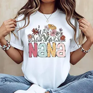 “Blessed To Be Called Nana” floral print cotton casual round neck short sleeve regular sleeve summer T-shirt, machine washable, not dry clean, made in USA