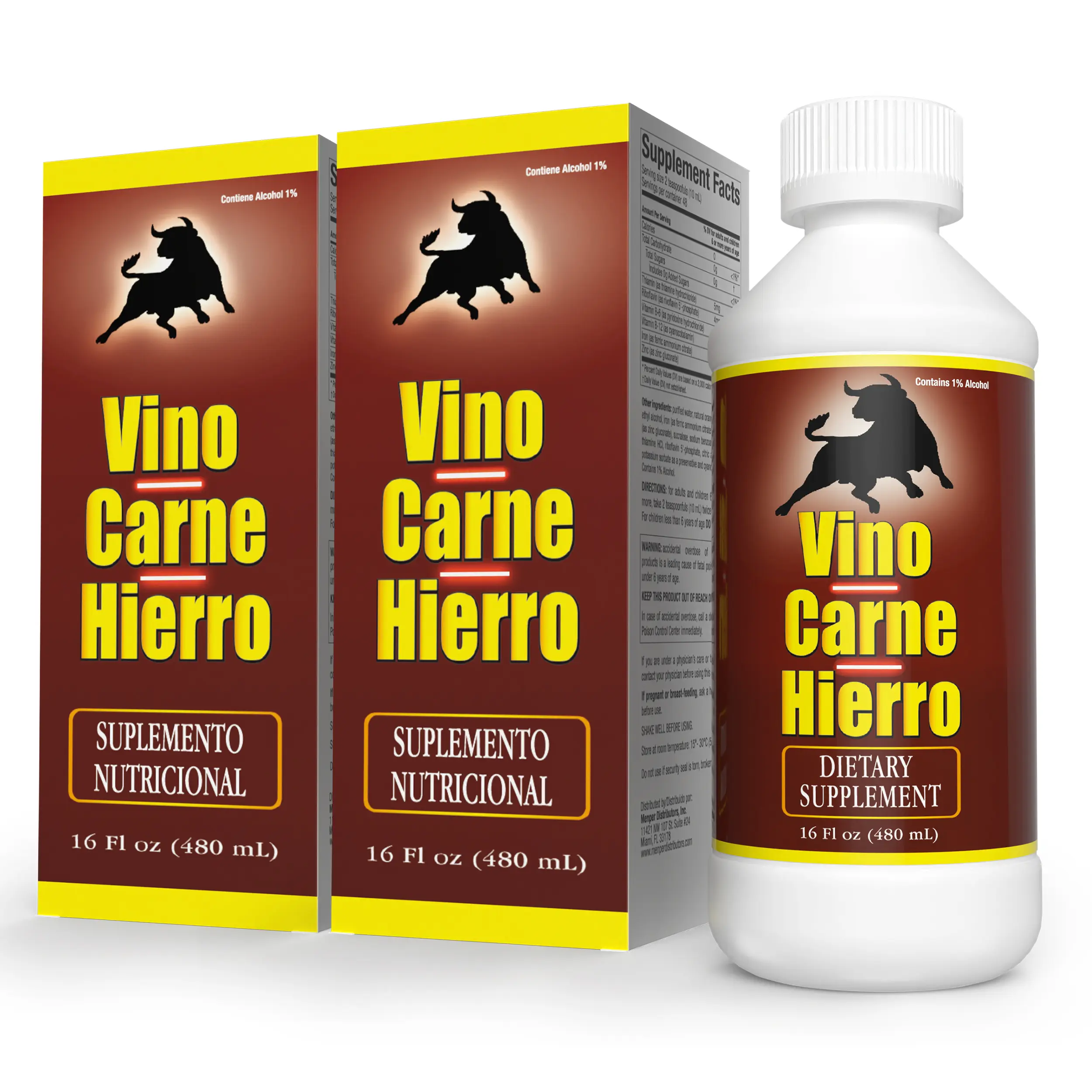 VINO CARNE HIERRO Liquid High Iron Supplement - Healthy Red Blood Cell Support, Oxygen Boost, Energy-Boosting Vitamin, Self-Care Supplement, 16 Fl Oz (2-Pack Bottles), Healthy Red Blood Cell Supplement