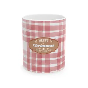ECF Merry Christmas Ceramic Pink Plaid Mug - 11oz & 15oz Durable Plaid Design Perfect for Christmas Morning Drinks Festive Holiday Message Dishwasher Safe