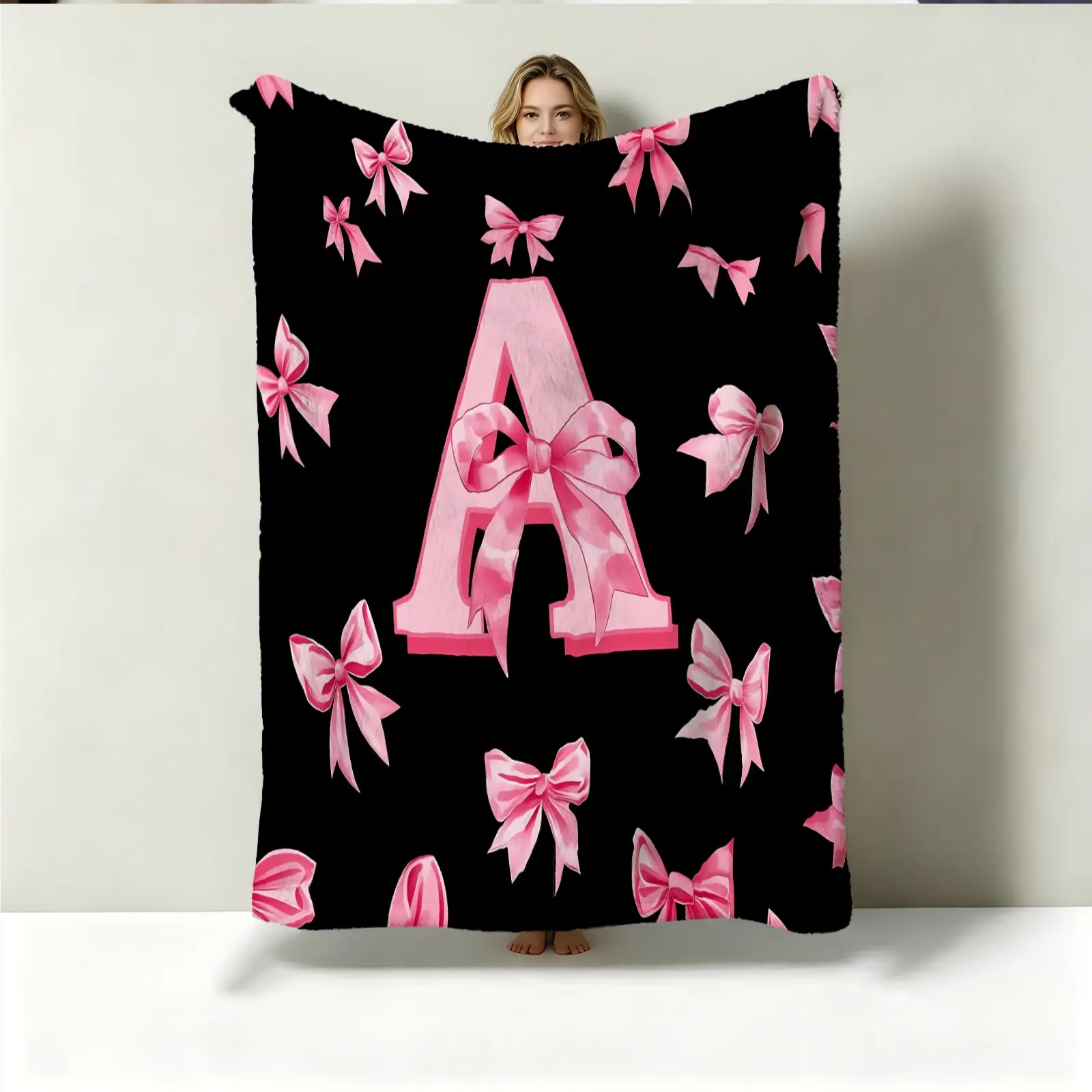 Custom Letter Bow Throw Blanket, Black & Pink Color Block Print, Lightweight Portable Easy to Store, Perfect for Summer Air-conditioned Room Sofa Nap Use, Customized Blanket, Lightweight Cozy Blanket