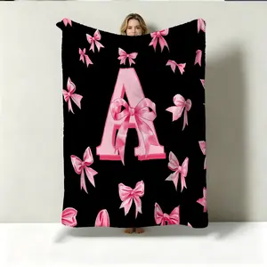 Custom Letter Bow Throw Blanket, Black & Pink Color Block Print, Lightweight Portable Easy to Store, Perfect for Summer Air-conditioned Room Sofa Nap Use