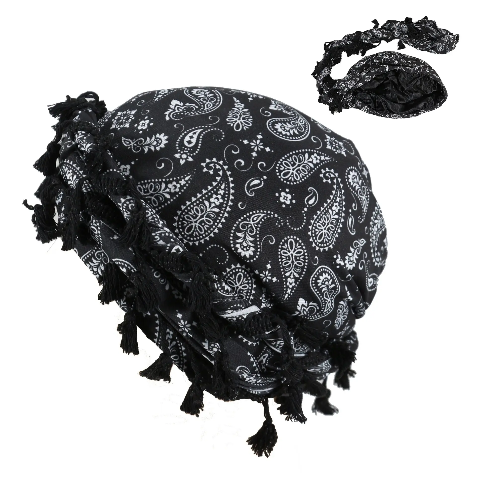 Vintage Twist Halo Turban for Men & Women - Satin Lined Durag Head Wraps with Pre-Tied Tassels, Braid Beanie Skull Cap Bonnet