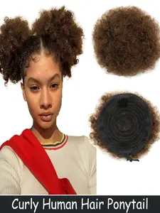 4 6 8 Inch Curly Human Hair Donut Ponytail Afro Kinky Puff Drawstring High Bun Clip in Updo Extensions for Black Women Hair Piece