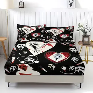 Ghostface Scream Fitted Sheet Set 3 Piece (1 Fitted Sheet + 2 Pillowcases), Horror Movie Print Bedding for Horror Fans' Bedroom & Halloween Decor