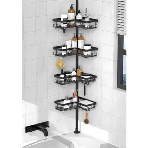 Corner Shower Caddy Tension Pole - Shower Tension Rod Organizer, Floor to Ceiling Shower Caddy 25-114.2 inch, Waterproof Towel Rack Corner, Black