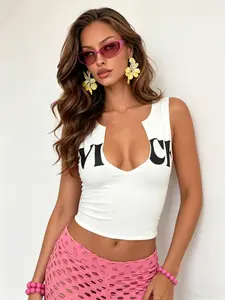 Women's Vice Letter Print Deep U Neck Sleeveless Vest Top Womenswear, Short Waist Design, Loose Fit Casual Style for All Seasons, Piece