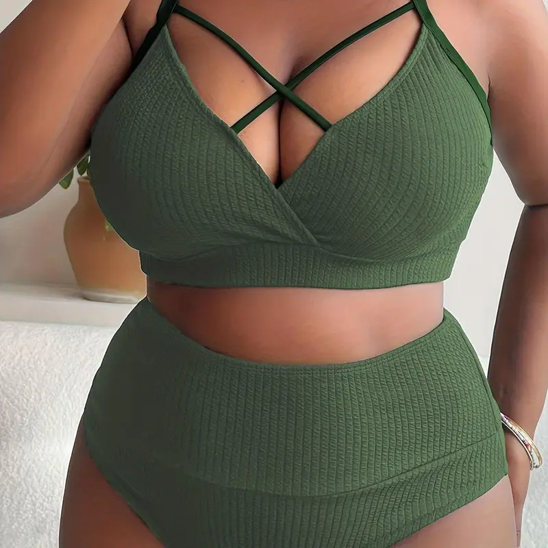 Plus Size Two-Piece Ribbed Tankini Set, Criss-Cross Crop Cami Top & High-Waist Panty, Adjustable Strap Swim Top & Bottom Women's Summer High-Waisted Swimsuit Tankini Outfit Criss Cross Swimsuits Tankini Top Bottoms