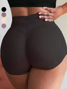 Women's Plain Contrast Lace High Waist Shapewear Shorts, Fajas, High Compression Shapewear, Anti-Slip Silicone Edge Shaper Panties, Butt Lifting And Tummy Control Briefs, Hip Enhancer, Suitable For Daily Wear Or Training