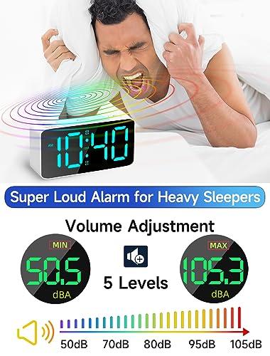 Cadmos Super Loud Alarm Clock for Heavy Sleepers Adults,Digital Clock with 7 Color NightLight,Adjustable Volume,USB Charger,Small Clocks for Bedrooms,Ok to Wake Up for Kids,Teens (White+RGB)