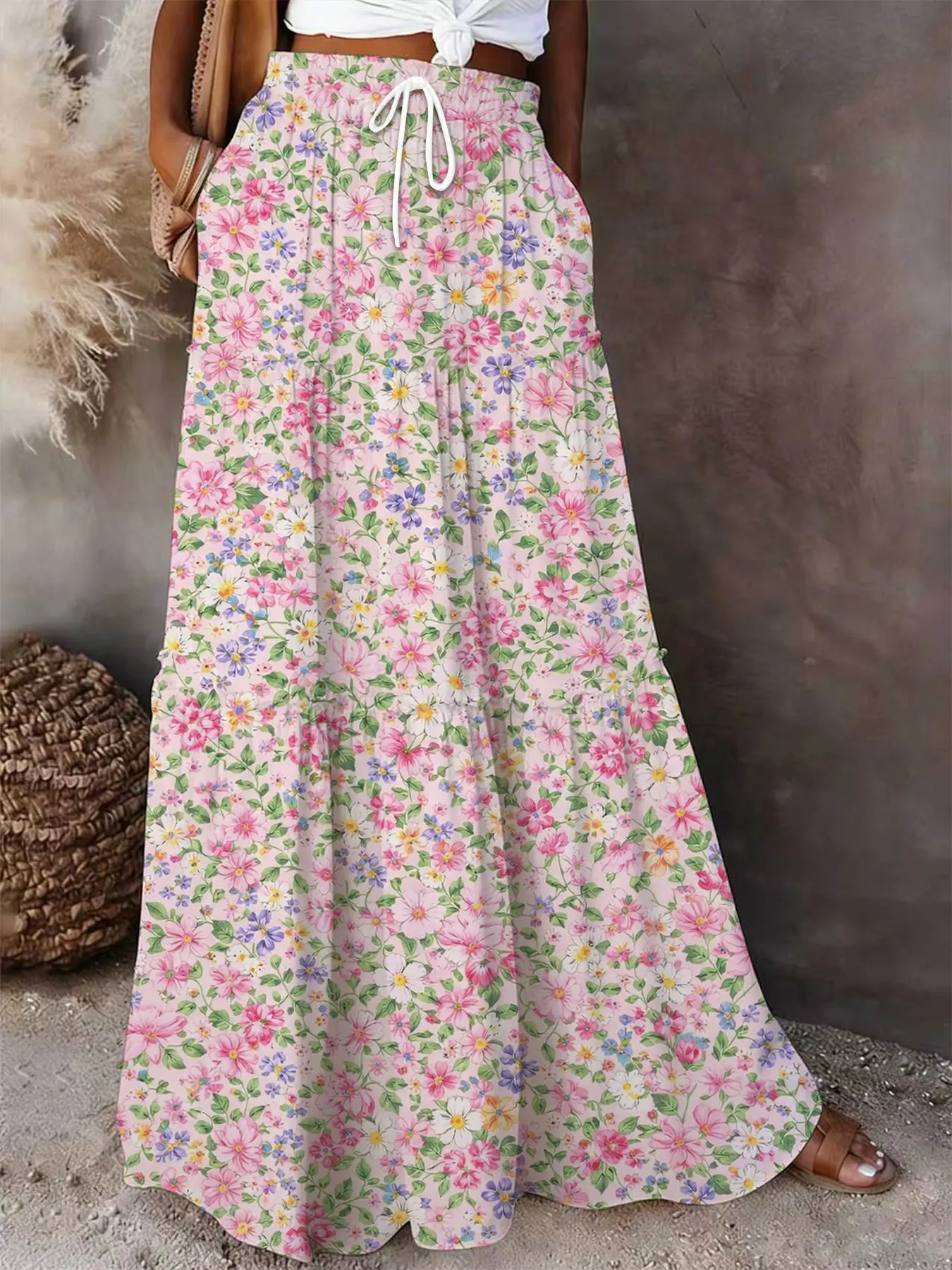 Green Leaf Print Floral Maxi Skirt | Boho Botanical Tiered Skirt with Pockets, Floral Printed Skirt, Bohemian, Boho Casual Skirts