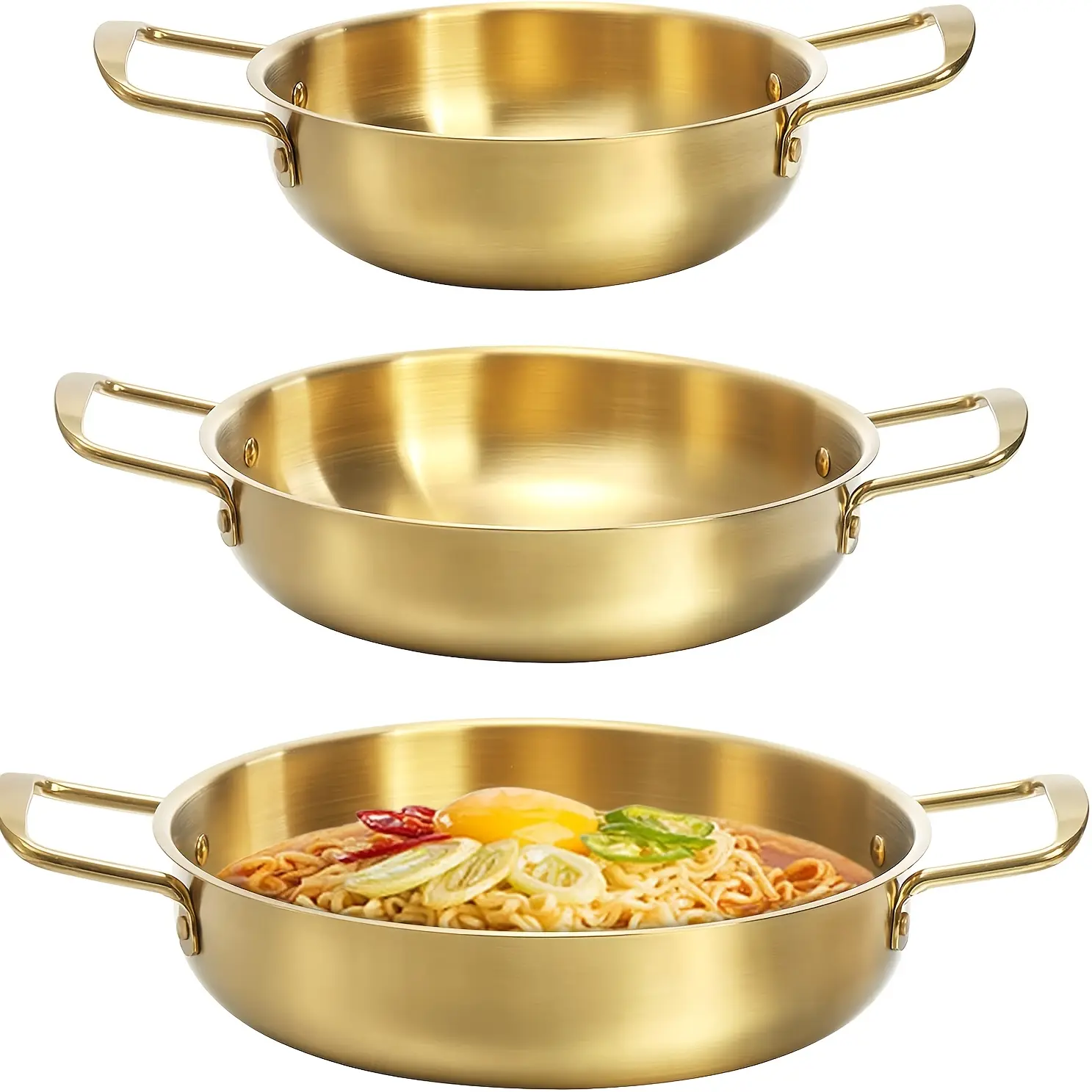 Kitchen Cookware 3-Piece Set - Stainless Steel Noodle Pot With Handles, Frying Pan, Golden Soup Pot - Dishwasher Safe For Home Use, Cookware Stainless Steel