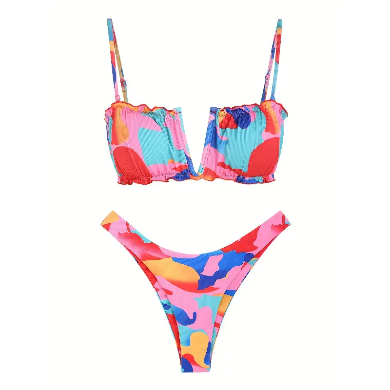Women's Colorful Camo Print Ribbed Bandeau Bikini - Adjustable Thin Straps, High Waist Low-Cut Bikini Bottoms, Low-Cut Bandeau Bikinis Bottoms