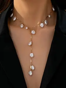 Elegant French-Style Women's Fashion Necklace, Irregular Faux Pearls, Y-Shaped Design for Banquets & Events, Perfect Gift for Special Occasions, Fashion Accessory