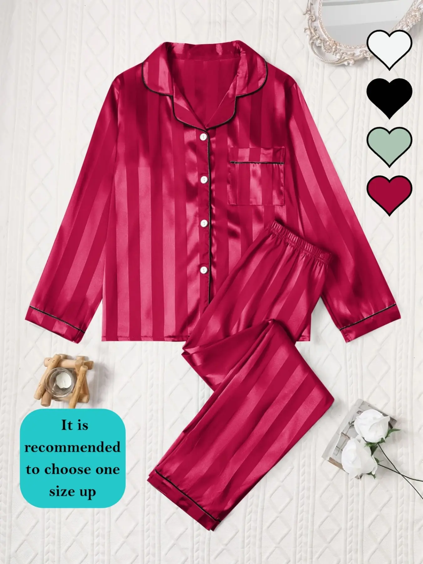 Women's Long Sleeve Pajama Set, Pyjamas, Pjs, Striped Jacquard Design, Satin Fabric, Comfortable Sleepwear & Loungewear for Night & Daily Wear, All Seasons