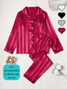 Women's Long Sleeve Pajama Set, Striped Jacquard Design, Satin Fabric, Comfortable Sleepwear for Night & Daily Wear, All Seasons, Casual Lounge Sleep