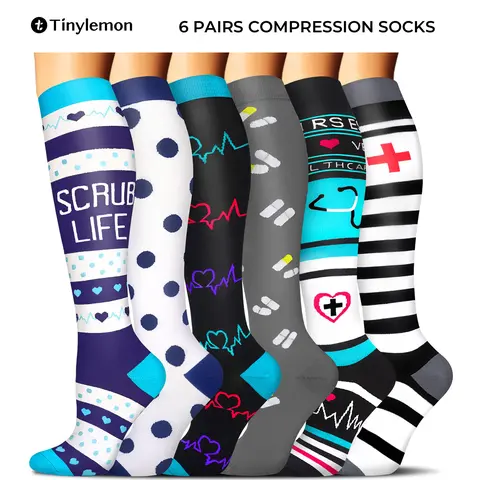 Tinylemon 6 Pairs Knee High Compression Socks 15-20 mmHg for Women Men | Breathable Moisture Wicking Calf Support Socks for Travel Flying Hiking Work Sports