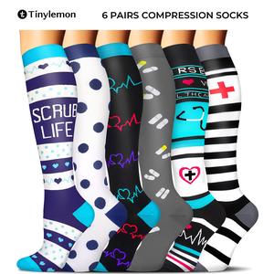 Tinylemon 6 Pairs Knee High Compression Socks 15-20 mmHg for Women Men | Breathable Moisture Wicking Calf Support Socks for Travel Flying Hiking Work Sports