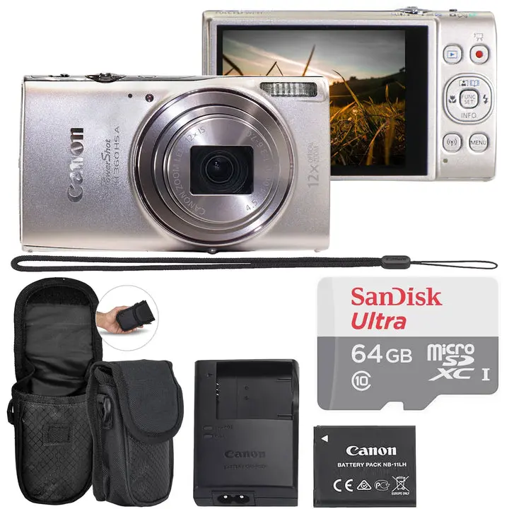 Canon PowerShot ELPH 360 HS A Digital Camera (Silver) + SanDisk Ultra 64GB microSDXC Memory Card + Compact Protective Carrying Case