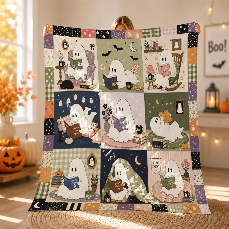Stay Spooky Ghost Reading Quilt Blanket, Halloween Patchwork Ghost Throw, Cozy Book Lover Blanket, Cute Fall Decor Gift, Plush Flannel Bedding Blanket for Sofa Couch Bed Bedroom Dorm Movie Night