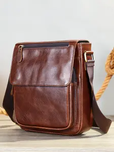 Men's Vintage Genuine Leather Crossbody Bag, Casual Versatile Zipper Shoulder Bag for Daily Commute, Retro Style Crossbody Bag for Men