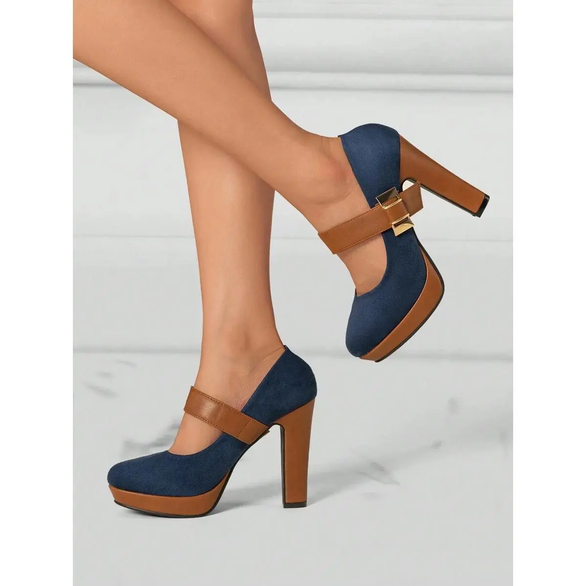 Simple Party Pumps, Closure, Metallic Decor, Comfortable Rubber Sole, Water-Resistant,-Proof, Color-Block, Chunky Heel, Mary Style, Bridesmaid Shoes