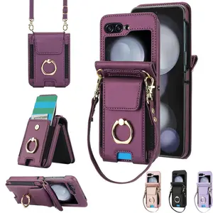 Foldable Phone Case with Card Slot & Lanyard, Folding Durable Shockproof Phone Protective Cover, Phone Accessories Compatible with Samsung Galaxy Z Flip 6 5 4 3, Casing
