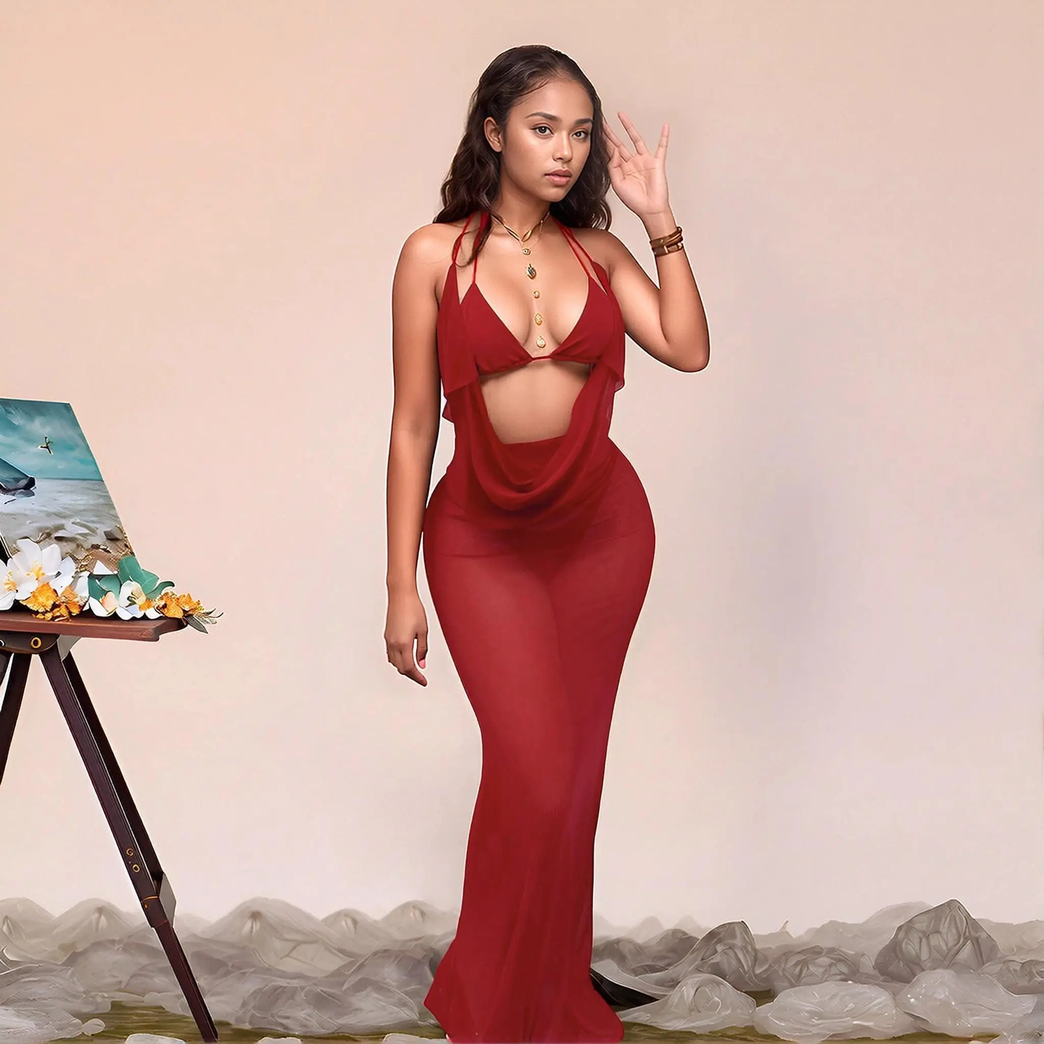 Women's Sleeveless 3-Piece Midi Dress Set in Solid Colors with Contrast Lace Trim and Mesh Skirt, Basic, Regular Fit, Long, Fishtail Dress Set, Minimalist, Birthday Party, Casual, Hollow-Out Mesh, Knitting, Lace, Chic, Hand Wash Only, Lacy, Long Length, M