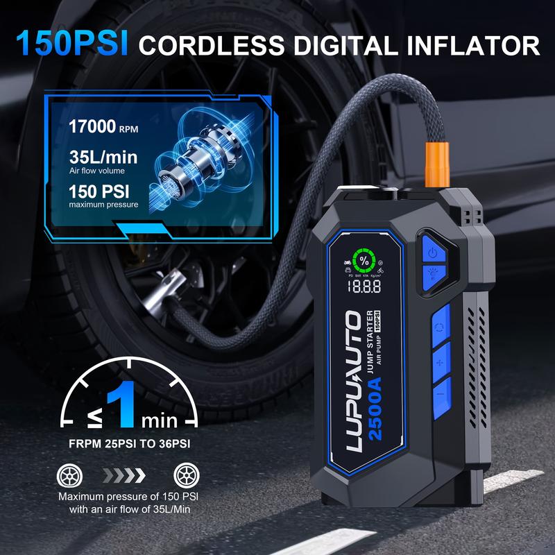 LUPUAUTO 2500A Portable Wireless Air Compressor Jump Starter with Digital Tire Inflator 150PSI Battery Pack USB Input Output LED Emergency Accessories Tools