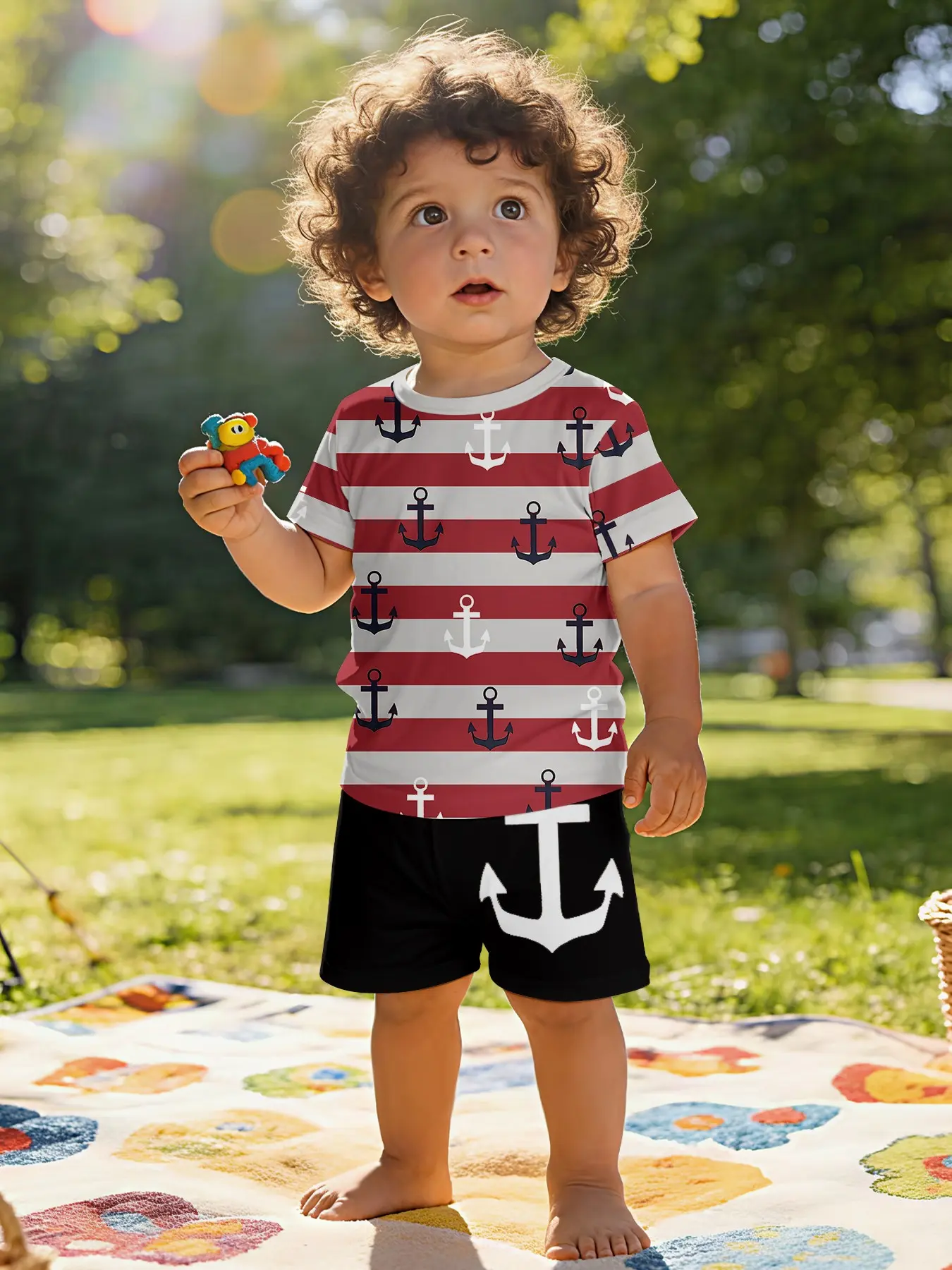 Red and white striped anchor digital printed infant Toddler short-sleeve set, baby casual children's clothing, suitable for daily and outdoor sports T-shirts, 100% polyester, Striped Sets, Matching Outfits Set