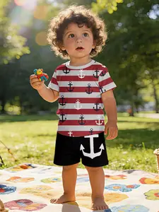 Red and white striped anchor digital printed infant Toddler short-sleeve set, baby casual children's clothing, suitable for daily and outdoor sports T-shirts. 100% polyester, a perfect gift for infants and young children! Striped Sets, Outfit