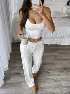 New Ditsy Floral Print Women's Strap Sleepwear Pajamas Set, Round Neck Sexy Casual Everyday, Elastic Fabric Soft Skin-Friendly, Indoor Outdoor Loungewear Wear