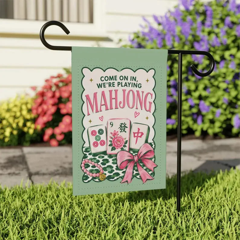 Mahjong Garden Flag, Coquette Porch Decor, Hostess House Flag, Game Night Decor, Gift for Mahjong Lover, Pink Bow Flag